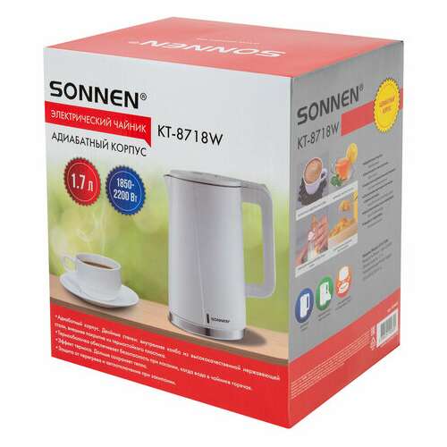  Чайник электрический с двойными стенками sonnen kt-8718w, 1,7 л, 2200 вт, белый, 454685 | Чайники