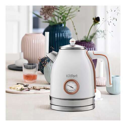  Чайник kitfort кт-6102-3, 1,7 л, 2150 вт, закрытый нагревательный элемент, термометр, сталь, белый | Чайники