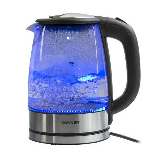  Чайник sonnen kt-1788, 1,7 л, 2200 вт, закрытый нагревательный элемент, стекло, черный, подсветка, 454349 | Чайники