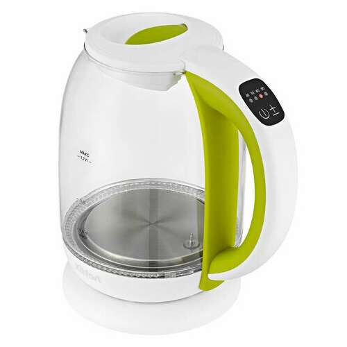  Чайник kitfort кт-6140-2, 1,7 л, 2200 вт, закрытый нагревательный элемент, терморегулятор, стекло, белый/салатовый | Чайники