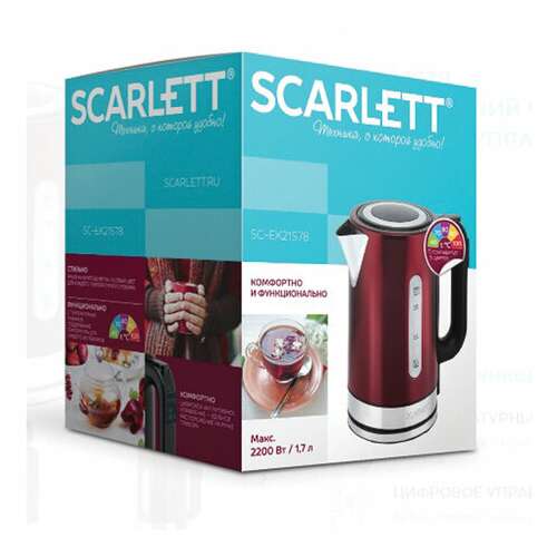  Чайник scarlett sc-ek21s78, 1,7 л, 2200 вт, закрытый нагревательный элемент, терморегулятор, сталь, бордовый | Чайники