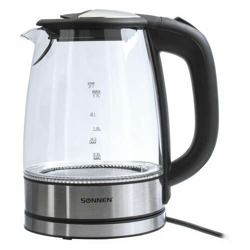  Чайник sonnen kt-1788, 1,7 л, 2200 вт, закрытый нагревательный элемент, стекло, черный, подсветка, 454349 | Чайники
