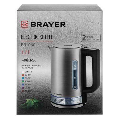  Чайник с терморегулятором brayer br1060, 1,7 л, 2200 вт, закрытый нагревательный элемент, сталь | Чайники