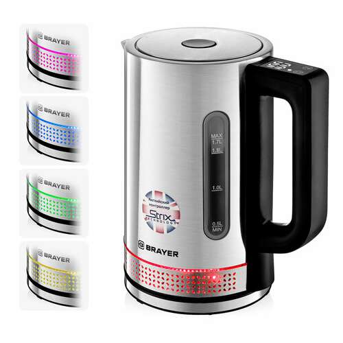  Чайник с терморегулятором brayer br1060, 1,7 л, 2200 вт, закрытый нагревательный элемент, сталь | Чайники