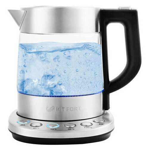 Чайник kitfort кт-648, 1 л, 2200 вт, закрытый нагревательный элемент, терморегулятор, стекло, серебристый | Чайники