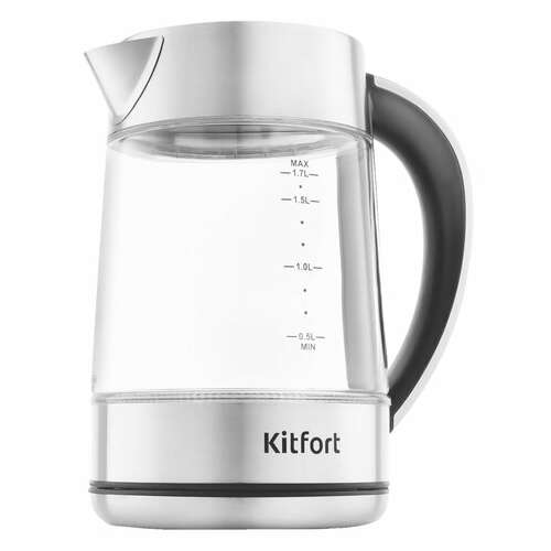  Чайник kitfort кт-690, 1,7 л, 2200 вт, закрытый нагревательный элемент, led дисплей, терморегулятор, стекло, серебро | Чайники