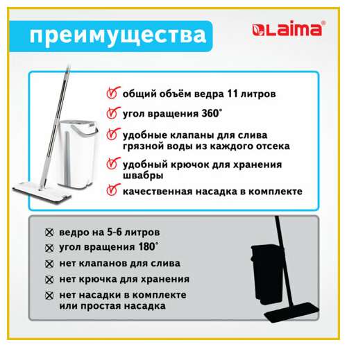  Комплект для уборки: швабра, ведро 11 л/9 л двухкамерное с отжимом, насадка моп (кармашки с двух сторон) pro clean, laima, 607979 | Комплекты для уборки (швабра и ведро с отжимом)