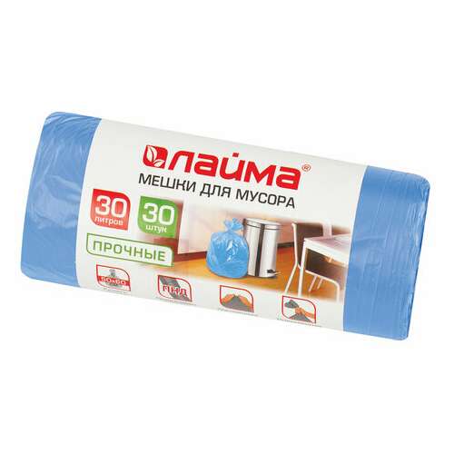  Мешки для мусора 30 л синие в рулоне 30 шт. прочные, пнд 10 мкм, 50х60 см, laima, 601378 | Мешки для мусора универсальные