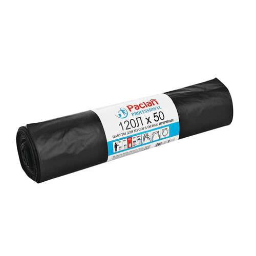  Мешки для мусора 120 л, черные, в рулоне 50 шт., пвд, 20 мкм, 70х110 см, paclan "professional", 1338507 | Мешки для мусора универсальные