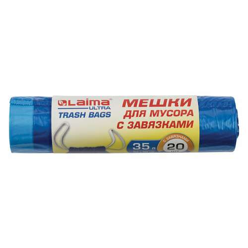  Мешки для мусора с завязками laima "ultra" 35 л, синие, рулон 20 шт., особо прочные, пвд 20 мкм, 50х60 см, 607689 | Мешки для мусора универсальные