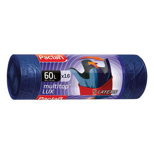  Мешки для мусора 60 л, с ушками, синие, рулон 16 шт., пвд, 30 мкм, 60х75 см, paclan "multitop lux", 134474 | Мешки для мусора универсальные