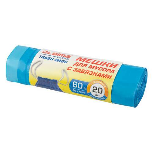  Мешки для мусора с завязками laima "ultra" 60 л, синие, рулон 20 шт., прочные, пнд 17 мкм, 60х70 см, 607692 | Мешки для мусора универсальные