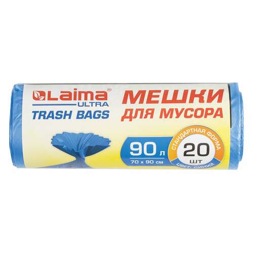  Мешки для мусора laima "ultra" 90 л синие, рулон 20 шт. прочные, пнд 14 мкм, 70х90 см, 607693 | Мешки для мусора универсальные