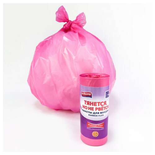  Мешки для мусора 30 л, малиновые, в рулоне, 20 шт., пвд 19 мкм, 51х53 см, шоубокс, rubber flex, avikomp, 40370 | Мешки для мусора универсальные