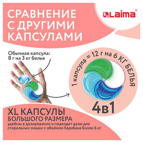  Капсулы для стирки белья большие концентрат 4 в 1, с кондиционером, "райский сад", 60 шт., laima, 608876 | Стиральные порошки