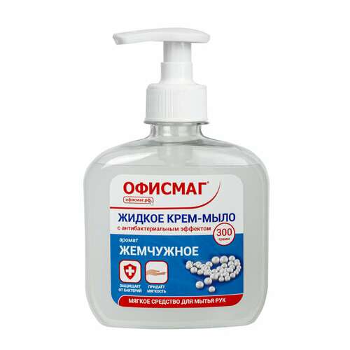  Мыло-крем жидкое 300 г офисмаг, "премиум жемчужное", с антибактериальным эффектом, дозатор, 606782 | Мыло жидкое