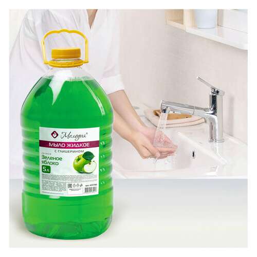  Мыло жидкое 5 л, мелодия "зеленое яблоко", с глицерином, пэт, 604788 | Мыло жидкое