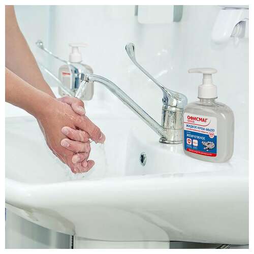  Мыло-крем жидкое 300 г офисмаг, "премиум жемчужное", с антибактериальным эффектом, дозатор, 606782 | Мыло жидкое