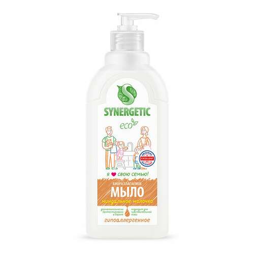  Мыло жидкое 500 мл synergetic "миндальное молочко", гипоаллергенное, биоразлагаемое, дозатор, 105058 | Мыло жидкое