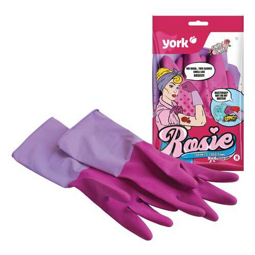  Перчатки многоразовые резиновые york "роза", хлопчатобумажное напыление, прочные, размер m (средний), розовые, вес 70 г, 92670 | Перчатки латексные, виниловые и резиновые