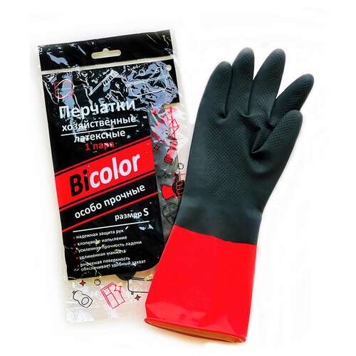  Перчатки многоразовые латексные bicolor черно-красные, хлопчатобумажное напыление, размер s (маленький), вес 60 г, кп, 139468 | Перчатки латексные, виниловые и резиновые