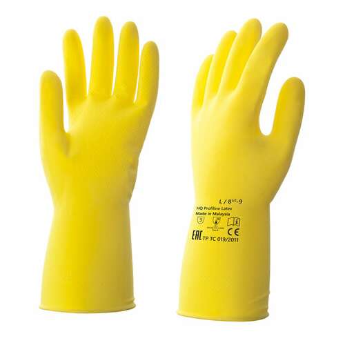  Перчатки латексные кщс, сверхпрочные, плотные, хлопковое напыление, размер 8,5-9 l, большой, желтые, hq profiline, 73587 | Перчатки латексные, виниловые и резиновые