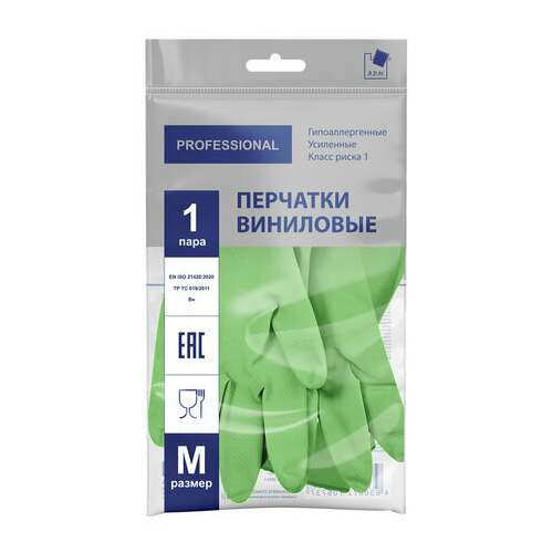  Перчатки многоразовые виниловые зеленые усиленные гипоаллергенные, тр тс, professional, размер l (большой), вес 90 г, adm, 31159 | Перчатки латексные, виниловые и резиновые