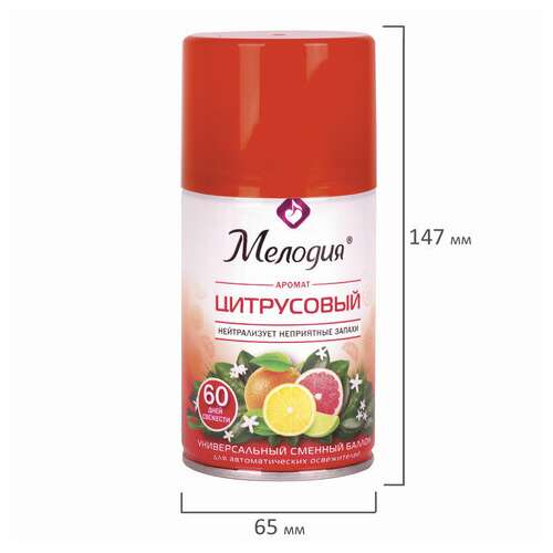  Сменный баллон 250 мл мелодия "цитрусовый", для автоматических освежителей, универсальный, 605229 | Сменные баллоны аэрозольные