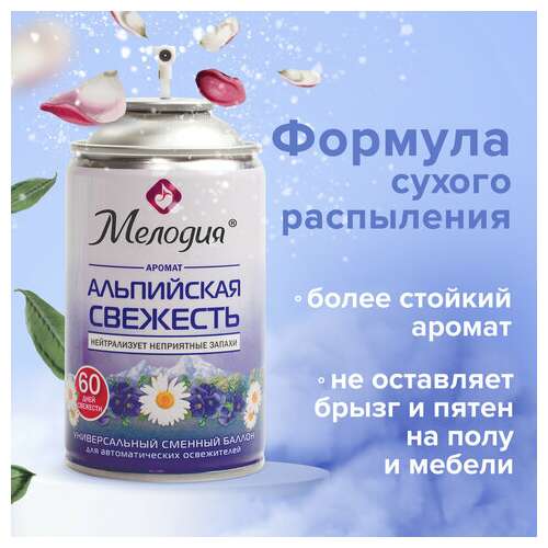 Сменный баллон 250 мл мелодия "альпийская свежесть", для автоматических освежителей, универсальный, 605228 | Сменные баллоны аэрозольные