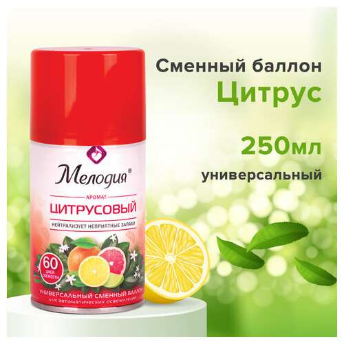  Сменный баллон 250 мл мелодия "цитрусовый", для автоматических освежителей, универсальный, 605229 | Сменные баллоны аэрозольные