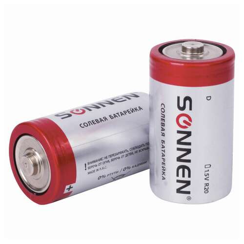  Батарейки комплект 2 шт, sonnen, d (r20), солевые, в пленке, 451100 | Батарейки