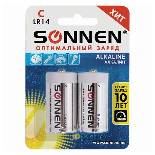  Батарейки комплект 2 шт., sonnen alkaline, с (lr14, 14а), алкалиновые, блистер, 451090 | Батарейки