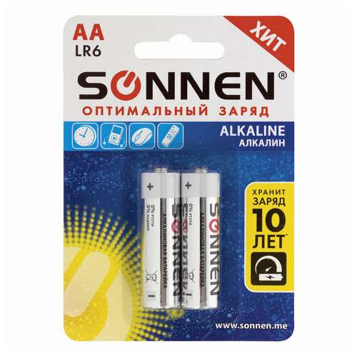  Батарейки комплект 2 шт., sonnen alkaline, аа (lr6, 15а), алкалиновые, пальчиковые, блистер, 451084 | Батарейки