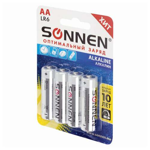  Батарейки комплект 4 шт., sonnen alkaline, аа (lr6, 15а), алкалиновые, пальчиковые, блистер, 451085 | Батарейки