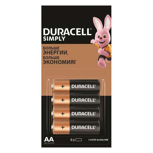  Батарейки комплект 4 шт. (отрывной блок) duracell simply оригинал, aa (lr6, 15а), алкалиновые, пальчиковые, б0046868 | Батарейки