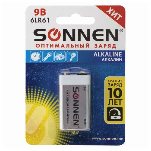  Батарейка sonnen alkaline, крона (6lr61, 6lf22, 1604a), алкалиновая, 1 шт., блистер, 451092 | Батарейки