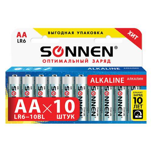  Батарейки комплект 10 шт., sonnen alkaline, аа (lr6, 15а), алкалиновые, пальчиковые, короб, 451086 | Батарейки