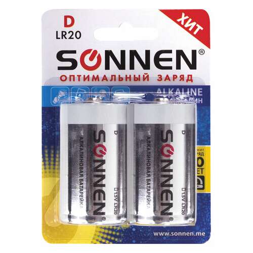  Батарейки комплект 2 шт, sonnen alkaline, d (lr20, 13а), алкалиновые, в блистере, 451091 | Батарейки