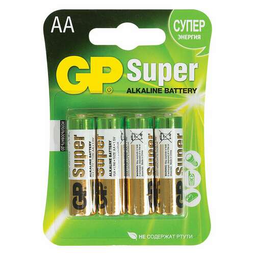  Батарейки комплект 4 шт., gp super, aa (lr6, 15а), алкалиновые, пальчиковые, блистер | Батарейки