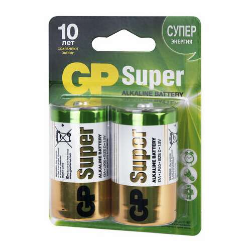  Батарейки gp super, d (lr20, 13а), алкалиновые, комплект 2 шт., блистер, 13a-2cr2 | Батарейки