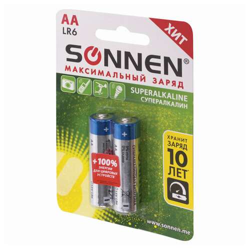  Батарейки комплект 2 шт., sonnen super alkaline, аа(lr6,15а), алкалиновые, пальчиковые, в блистере, 451093 | Батарейки