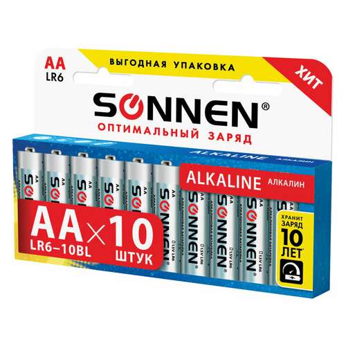  Батарейки комплект 10 шт., sonnen alkaline, аа (lr6, 15а), алкалиновые, пальчиковые, короб, 451086 | Батарейки