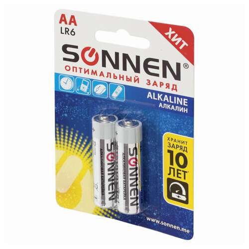 Батарейки комплект 2 шт., sonnen alkaline, аа (lr6, 15а), алкалиновые, пальчиковые, блистер, 451084  Батарейки комплект 2 шт., sonnen alkaline, аа (lr6, 15а), алкалиновые, пальчиковые, блистер, 451084 | Батарейки