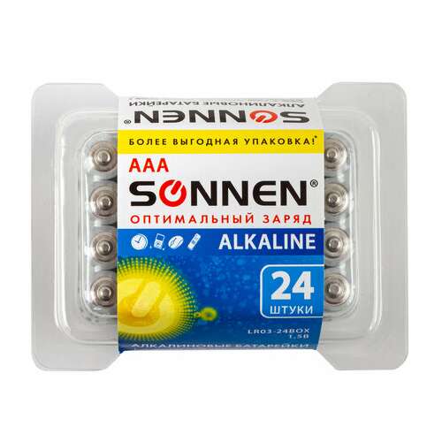  Батарейки комплект 24 шт, sonnen alkaline, ааа (lr03, 24а), алкалиновые, мизинчиковые, короб, 455096 | Батарейки