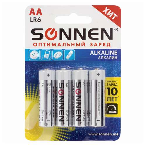  Батарейки комплект 4 шт., sonnen alkaline, аа (lr6, 15а), алкалиновые, пальчиковые, блистер, 451085 | Батарейки