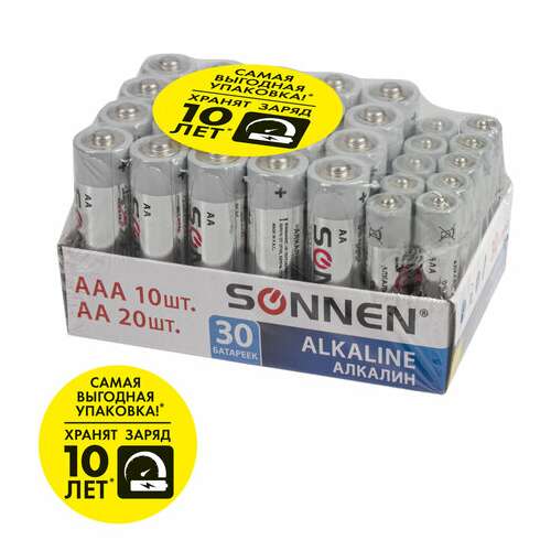  Батарейки комплект 30 (20+10) шт., sonnen alkaline, aa+ааа (lr6+lr03), в коробке, 455097 | Батарейки