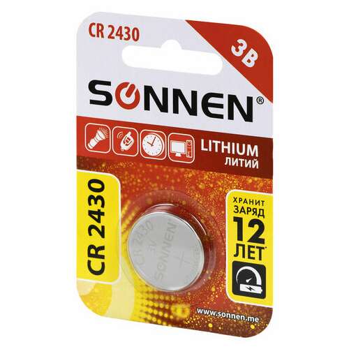  Батарейка литиевая cr2430 1 шт. "таблетка, дисковая, кнопочная" sonnen lithium, в блистере, 455600 | Батарейки