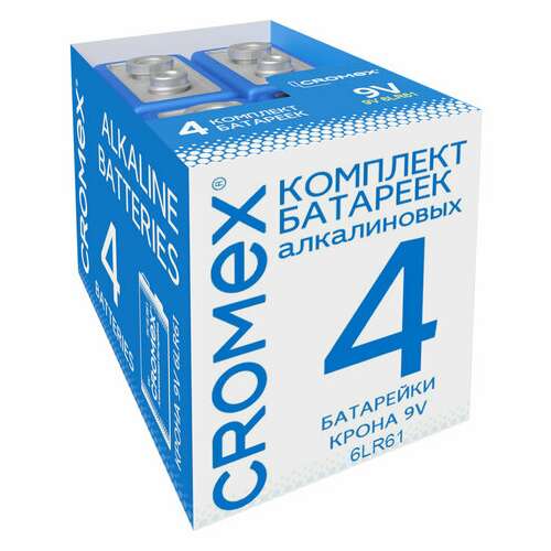  Батарейки алкалиновые комплект 4 шт., cromex alkaline, крона 9v (6lr61, 6lf22, 1604a), короб, 456453 | Батарейки