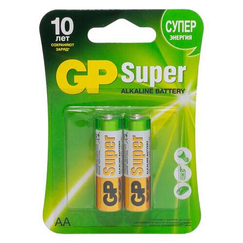  Батарейки комплект 2 шт., gp super, aa (lr6, 15а), алкалиновые, пальчиковые, блистер, 15a-2cr2 | Батарейки