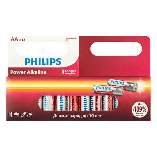  Батарейки алкалиновые "пальчиковые" комплект 12 шт., philips power alkaline, аа (lr6, 24а), блистер, б0064661 | Батарейки
